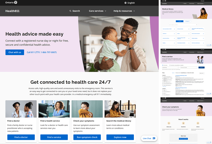 Health811 platform screens, including the home page and health-service finder
