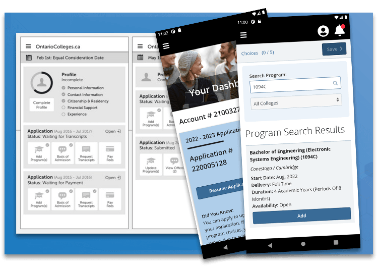 OCAS mobile app screens showing a student application dashboard and program search results