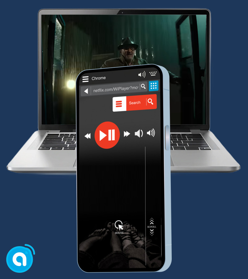 An APPTUI phone remote showing a purpose-built Netflix control surface, with play, pause, skip, and volume controls plus trackpad and scroll modes, in front of a laptop playing a Netflix film.