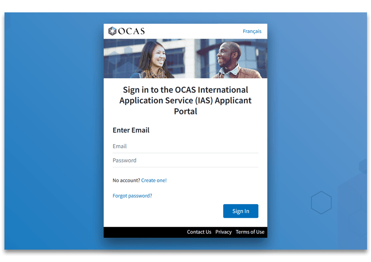 Sign in screen for the OCAS International Application Service applicant portal