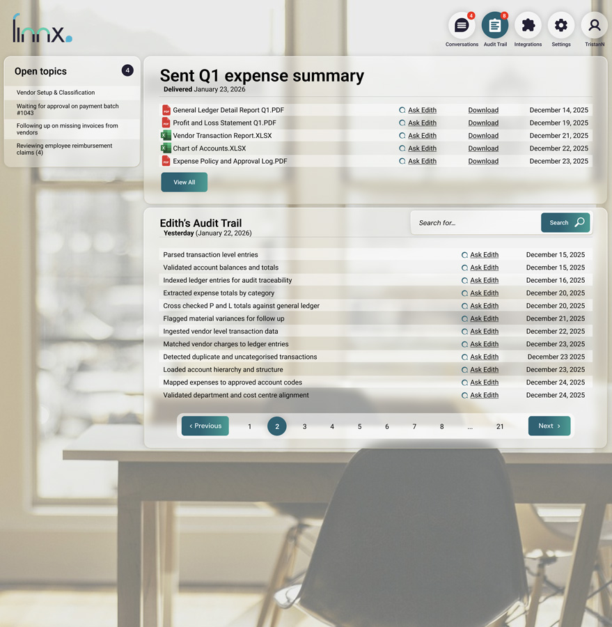 The Finnx workspace. A delivered Q1 expense summary lists five source documents, each row carrying an Ask Edith control, a download link, and a date. Below it, a searchable log titled Edith's Audit Trail lists the system's own completed actions one per row: parsed transaction level entries, validated account balances and totals, indexed ledger entries for audit traceability, cross checked P and L totals against general ledger, flagged material variances for follow up, detected duplicate and uncategorised transactions. Its pagination runs to twenty-one pages.