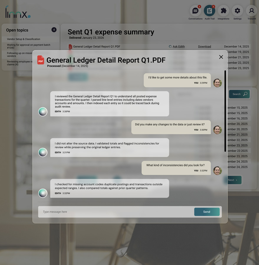 A conversation opened over the workspace from a single document, General Ledger Detail Report Q1. The accountant asks for more detail about the file, then whether the data was changed or only reviewed, then what kind of inconsistencies were checked for. Edith answers each in turn: the line level entries were parsed and indexed so they could be traced back during audit review; the source data was not altered, only validated, with inconsistencies flagged and the original ledger entries preserved; and the checks covered missing account codes, duplicate postings, transactions outside expected ranges, and totals compared against prior quarter patterns.